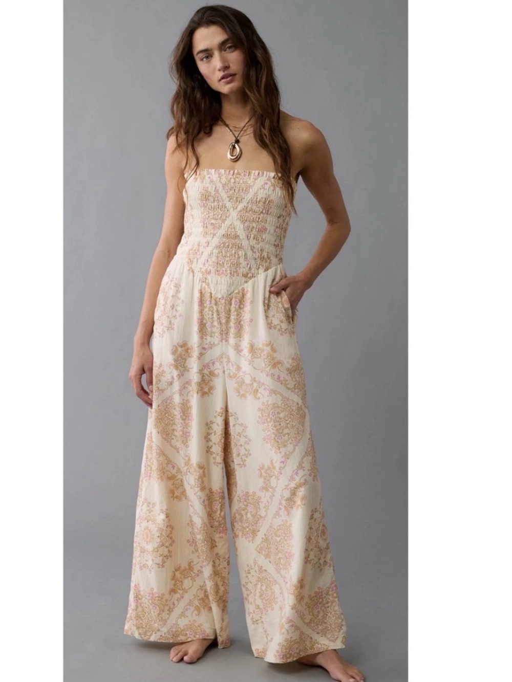 American Eagle Wide Leg Jumpsuit Romper M Beige Pink Paisley 100% Cotton